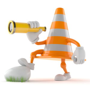 Traffic cone character looking through a telescope isolated on white background. 3d illustration