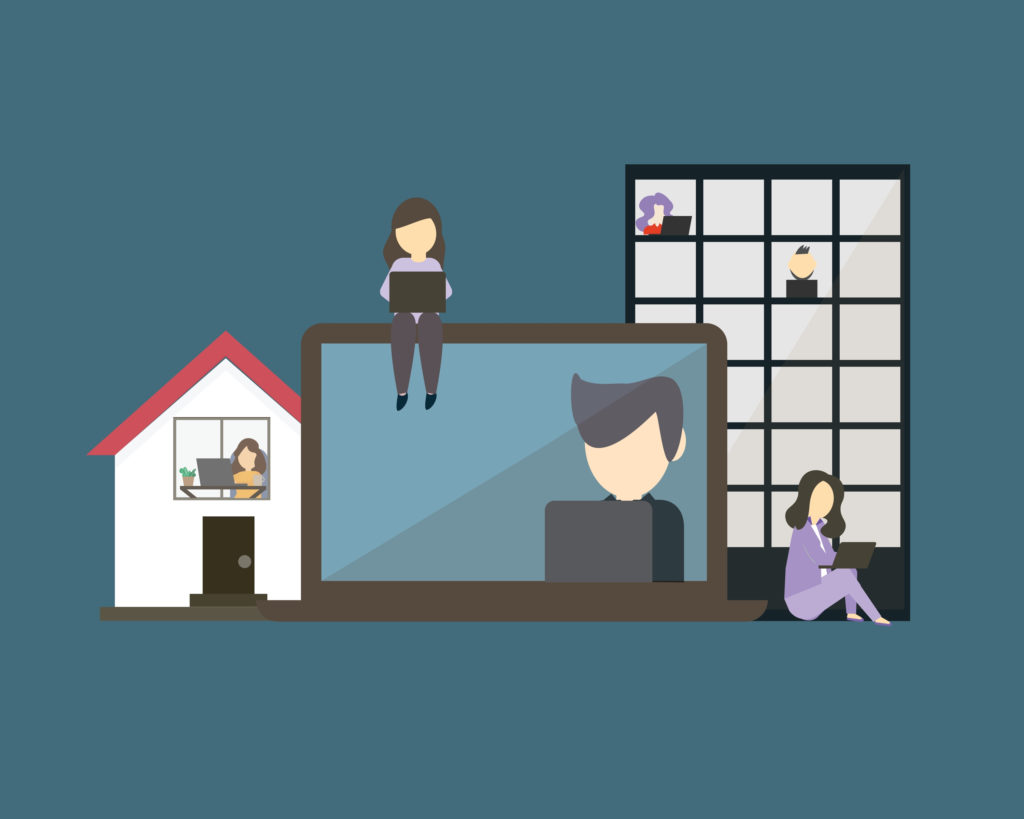 Hybrid workplace with employees working from both office and home vector