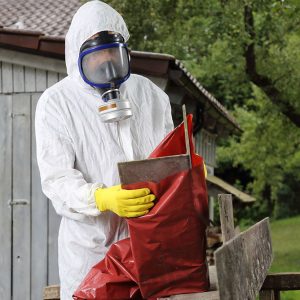 a worker with mask packing asbestos disposal